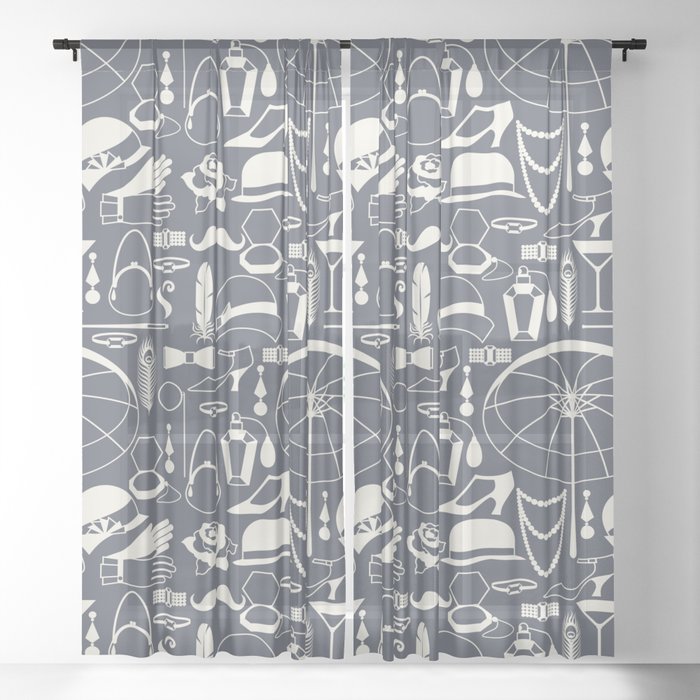 White Old-Fashioned 1920s Vintage Pattern on Dark Gray Sheer Curtain