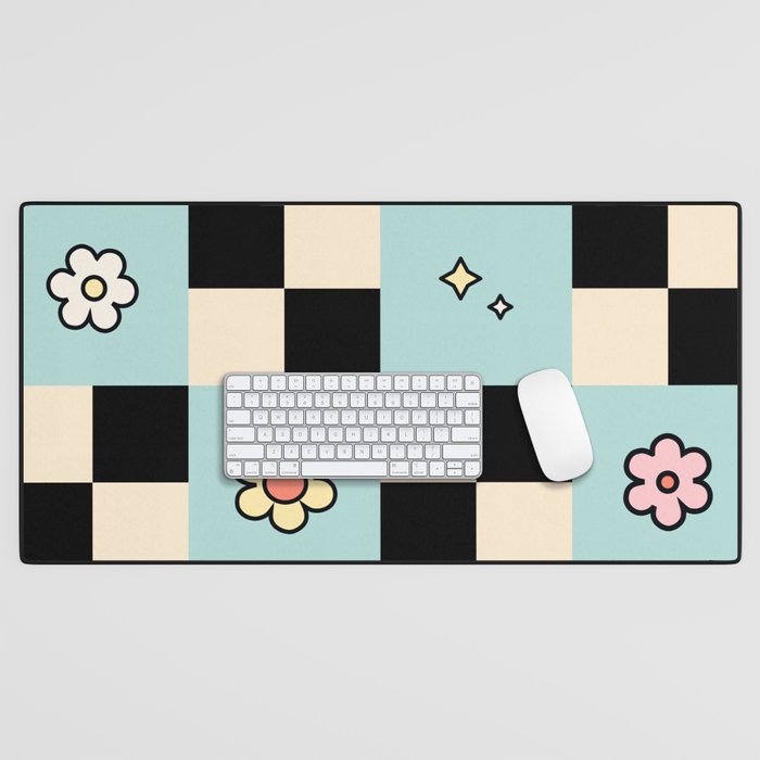 Checkered Flower Retro Check Pattern Mint Desk Mat