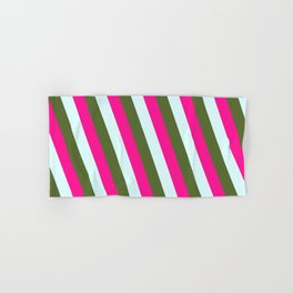 [ Thumbnail: Light Cyan, Dark Olive Green, and Deep Pink Colored Lines/Stripes Pattern Hand & Bath Towel ]