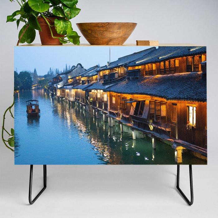 China Photography - River Going By Numerous Houses In The Night Credenza