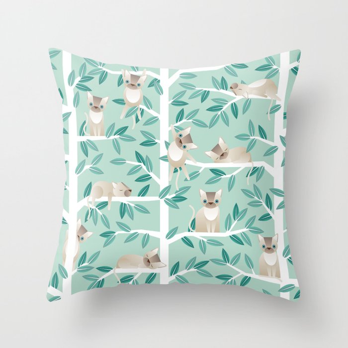 bengal cats in birch trees on green Throw Pillow