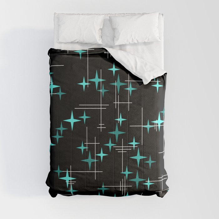 Mid Century Stars Lines Black Turquoise Comforter