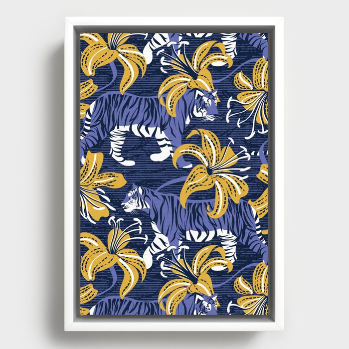 Tigers in a tiger lily garden // textured navy blue background very peri wild animals goldenrod yellow flowers Framed Canvas