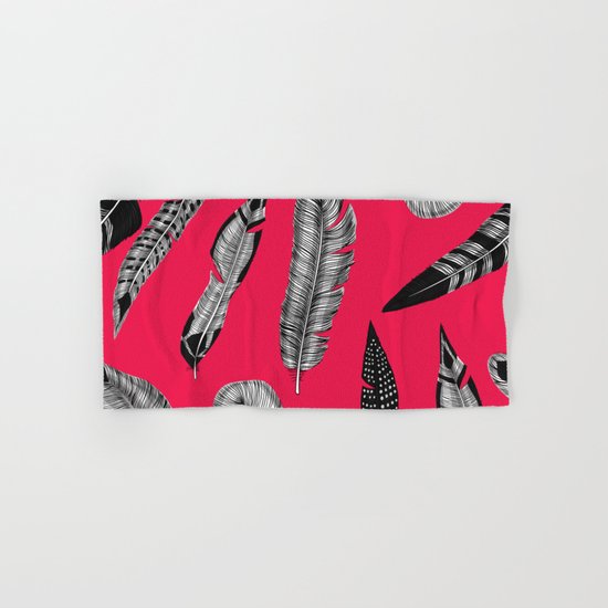 Seamless pattern with various hand drawn feathers on red background. Hand & Bath Towel