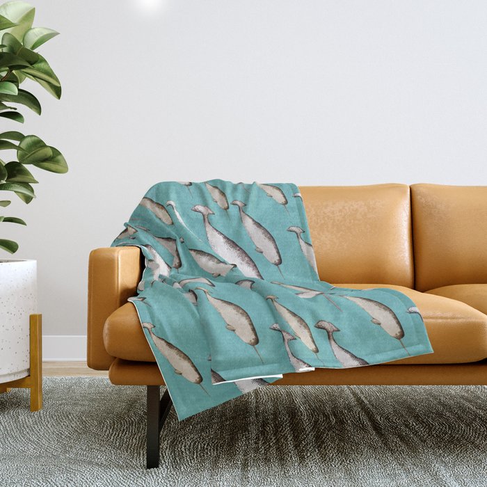 Narwhals - Narwhal Whale Pattern Watercolor Illustration Teal Blue Throw Blanket
