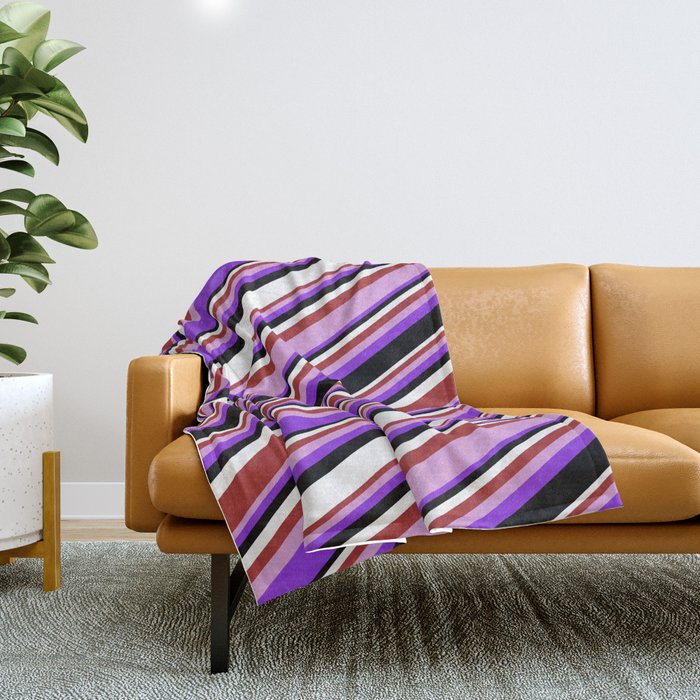 Colorful Brown, Plum, Purple, Black, and White Colored Pattern of Stripes Throw Blanket