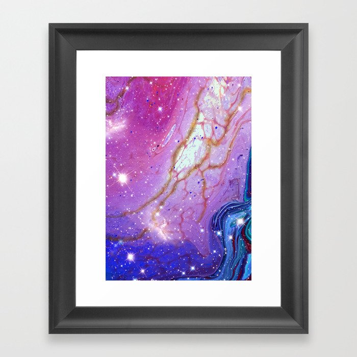 Neon marble space #2: purple, blue, stars Framed Art Print