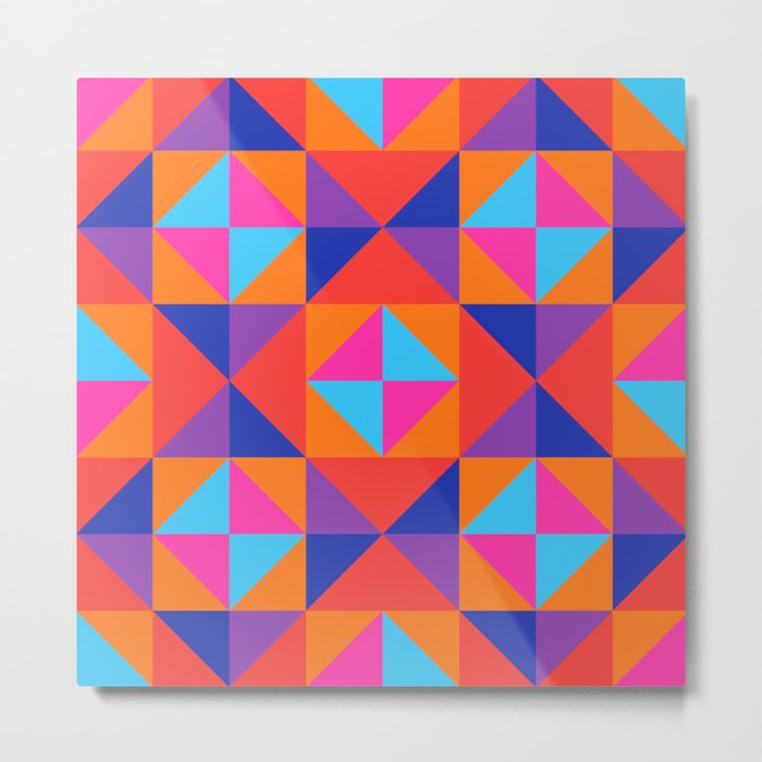 GEOMETRIC SQUARE CHECKERBOARD TILES in GLAM 70s DISCO REVIVAL RAINBOW COLOURS PINK PURPLE RED ORANGE Metal Print