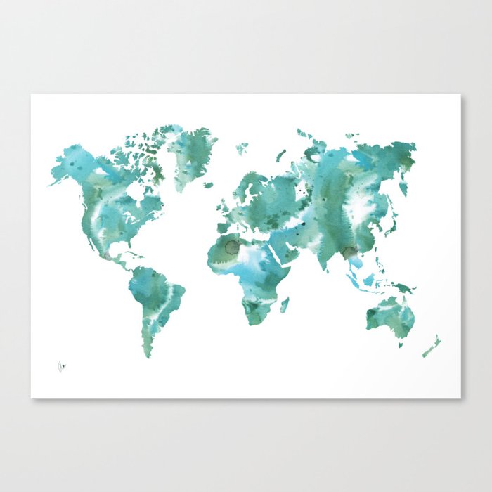 Watercolour World Map Mint Blue Green Canvas Print By Cloverchen