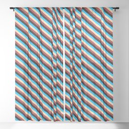 [ Thumbnail: Tan, Brown, Black & Deep Sky Blue Colored Striped Pattern Sheer Curtain ]
