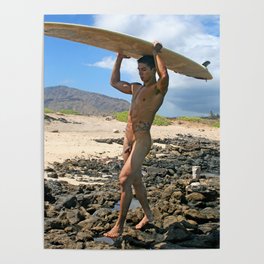 Naked Surfer at Rocky Beach Poster