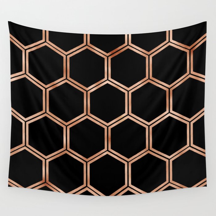 Black onyx copper hexagons Wall Tapestry