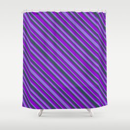 [ Thumbnail: Purple, Dark Slate Gray, and Dark Violet Colored Lines Pattern Shower Curtain ]