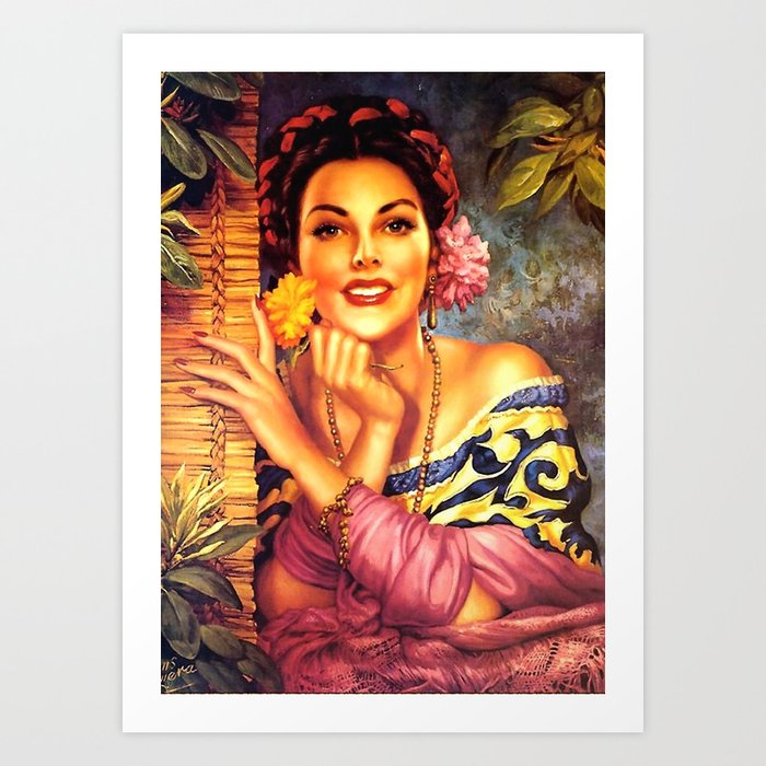 Jesus Helguera Painting Of A Mexican Girl Beside Rattan Curtain