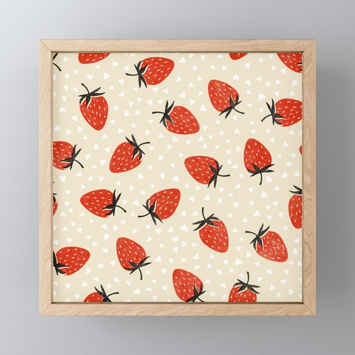Sweet Strawberries - Red, Black, Cream, and White Framed Mini Art Print