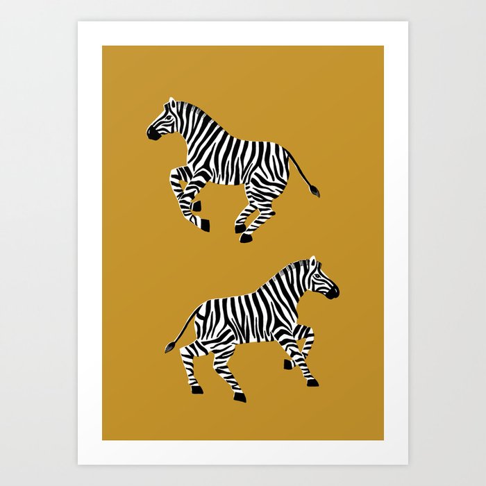 Galloping Zebras on Mustard Art Print