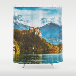 Bled Castle built on top of a cliff overlooking lake Bled, located in Bled, Slovenia. Shower Curtain