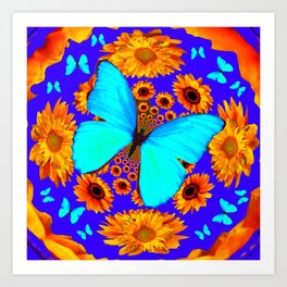 Turquoise Butterflies Golden Sunflowers Blue Abstract Art Print | Flowerpatterns, Sunflowerart, Butterflies, Abstract, Bluehome, Pattern, Goldflorals, Interiordesign, Cobaltblueart, Illustration 