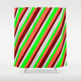 [ Thumbnail: Light Grey, Lime, Red, and Maroon Colored Lined/Striped Pattern Shower Curtain ]