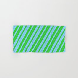 [ Thumbnail: Light Sky Blue & Lime Green Colored Lines Pattern Hand & Bath Towel ]
