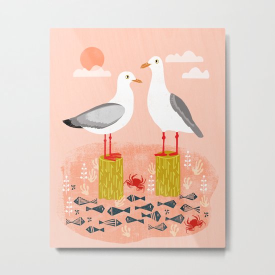 Seagulls - Bird Art, Coastal Nautical Summer Bird Print by Andrea Lauren Metal Print