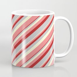 [ Thumbnail: Light Yellow, Light Coral, Red, and Grey Colored Lines/Stripes Pattern Coffee Mug ]