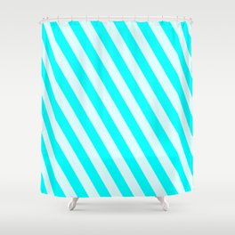 [ Thumbnail: Cyan & Light Cyan Colored Stripes Pattern Shower Curtain ]