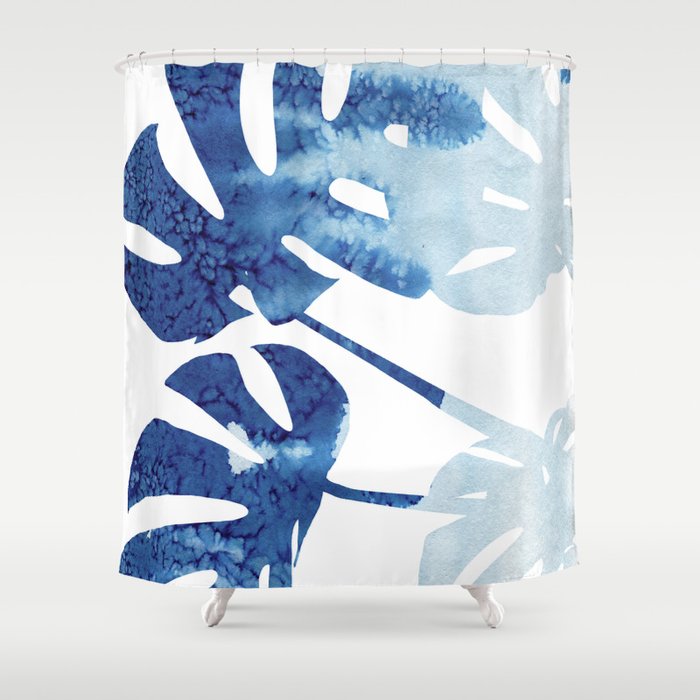 Navy Blue Tropical Leaf Shower Curtain