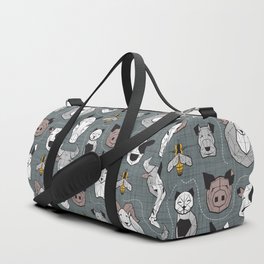 Friendly Geometric Farm Animals // green grey linen texture background black and white brown grey and yellow pigs queen bees lambs cows bulls dogs cats horses chickens and bunnies Duffle Bag