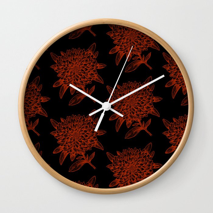 Elegant Flowers Floral Nature Black Red Ruby Wall Clock