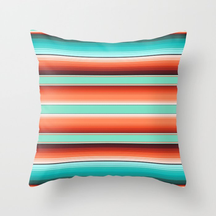 Teal Turquoise and Burnt Orange Southwest Serape Blanket Stripes Throw Pillow