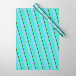 [ Thumbnail: Brown, Green, Light Sky Blue, and Turquoise Colored Striped/Lined Pattern Wrapping Paper ]