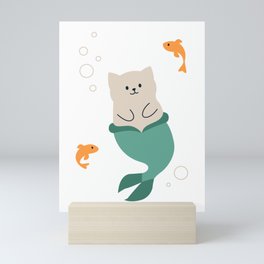 Mermaid Cat playing with Fish Mini Art Print