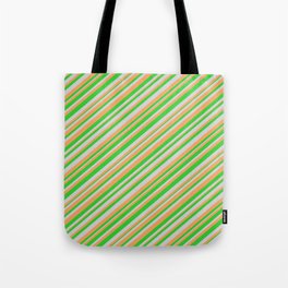 [ Thumbnail: Light Grey, Brown, and Lime Green Colored Stripes Pattern Tote Bag ]
