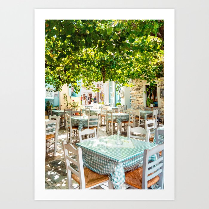 Greek Restaurant | Dinner in the Mediterranean |  Summer and Travel Photography | Happy Colorful vibes Art Print