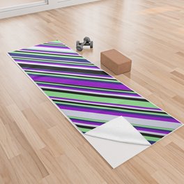 [ Thumbnail: Vibrant Dark Violet, Lavender, Black, Light Green & Midnight Blue Colored Lines Pattern Yoga Towel ]