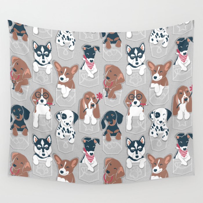 Pure love pockets I // beige background Dachshund Beagle Dalmatian Basset Hound Labrador Retriever Husky Welsh Corgi and Italian Greyhound dog puppies Wall Tapestry