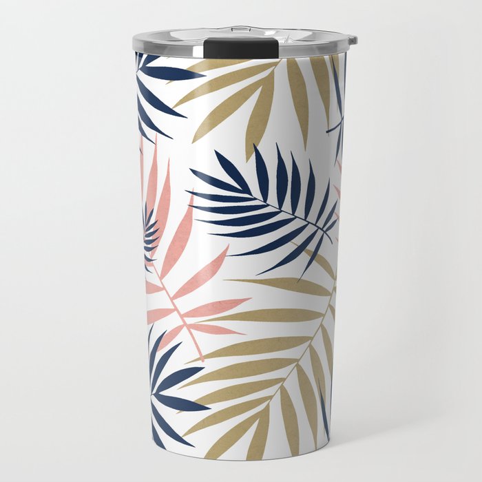 Tropical Palm Leaf Pattern – Pink, Gold, Indigo Travel Mug