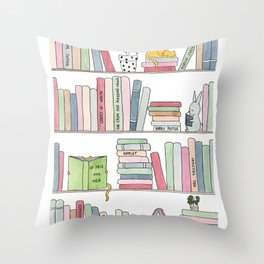Bookshelf with cats - Watercolor illustration Throw Pillow
