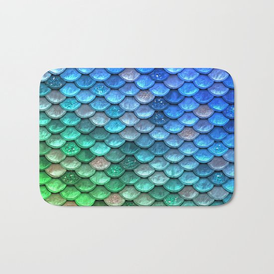 Aqua Teal & green shiny mermaid glitter scales Bath Mat