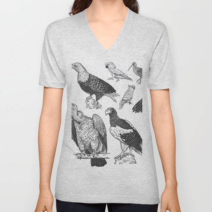 Birds of wildlife set. Eagles, owls, parrots, pelican, penguins, ibis, puffin isolated on white background. Tropical, exotic, water birds. Black white illustration. Vintage. Vintage. Realistic graphics V Neck T Shirt