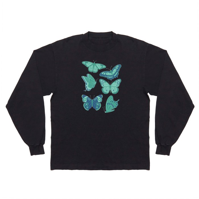 Texas Butterflies – Green and Blue on Navy Long Sleeve T Shirt