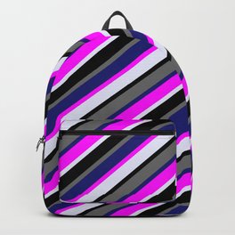 [ Thumbnail: Colorful Fuchsia, Lavender, Black, Dim Grey & Midnight Blue Colored Stripes/Lines Pattern Backpack ]