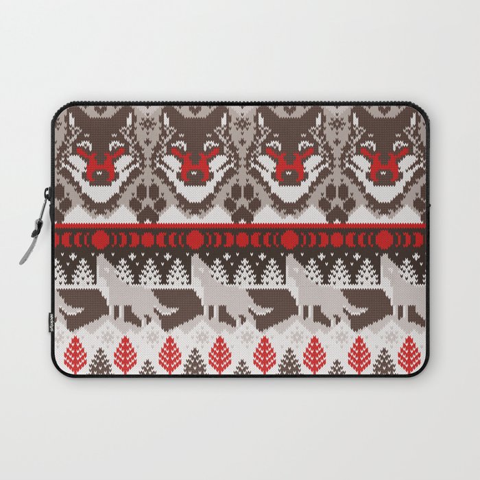 Fair isle knitting grey wolf // oak and taupe brown wolves red moons and pine trees Laptop Sleeve