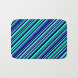 [ Thumbnail: Green, Dark Slate Blue & Dark Blue Colored Lined/Striped Pattern Bath Mat ]