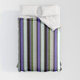 [ Thumbnail: Eyecatching Slate Blue, Dark Olive Green, Light Cyan, Grey & Black Colored Lines/Stripes Pattern Comforter ]
