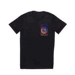 Purple, yellow, pink mandala hand drawn on black background filling the whole frame in abstract, artistic design.  T Shirt