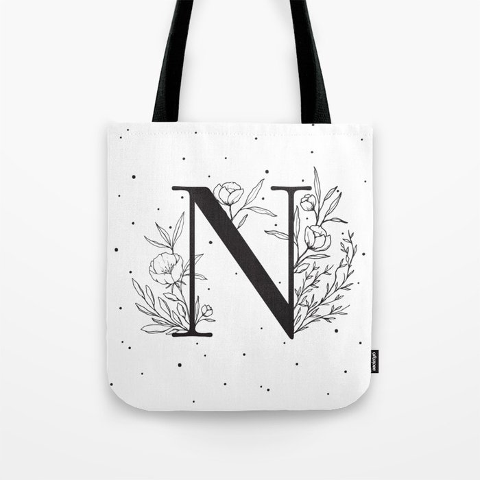 Black Letter N Monogram / Initial Botanical Illustration Tote Bag