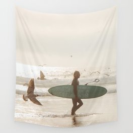 Beach Surfer - Sunset Ocean Seagulls Wall Tapestry