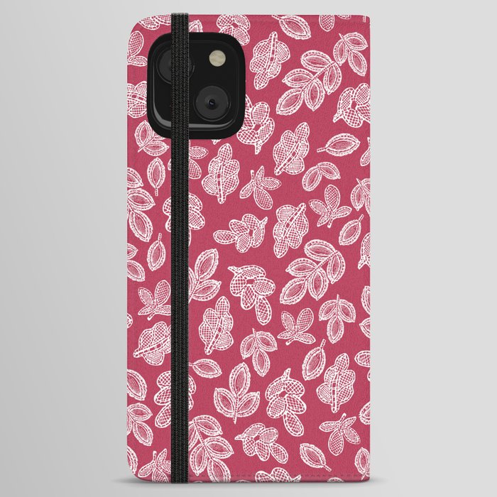 Small lace leaves white on dark pink iPhone Wallet Case